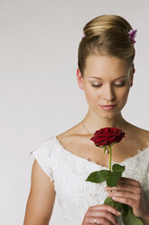 Junge Braut, die eine Rose hält, Porträt - NHF00911