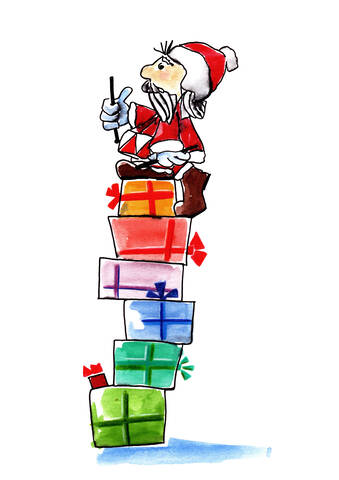 Illustration, Weihnachtsmann mit Trommeln auf einem Stapel von Weihnachtspaketen sitzend, lizenzfreies Stockfoto