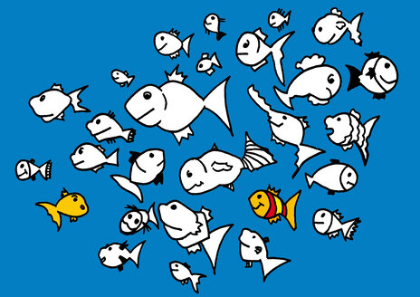Illustration, Shoal of fish against blue background - KTF00001