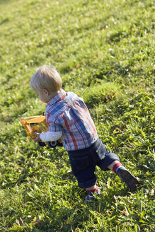 Little boy (2-3) playing with toy car, rear view - SMO00275