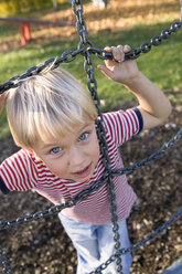 Little boy (4-5) holding metal monkey ropes, elevated view - SMO00261