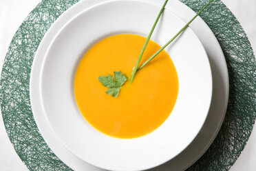 Creamed pumpkin soup, elevated view - MAEF01189