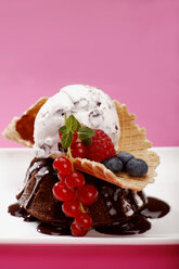 Scoops of Stracciatella and chocolate ice cream with wild berries, close-up - SCF00324