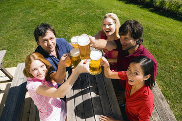 Deutschland, Bayern, Oberbayern, Fröhliche Menschen stoßen im Biergarten aufeinander an, Blick von oben - WESTF09591