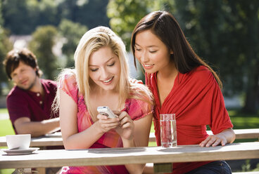 Germany, Bavaria, Upper Bavaria, Two young women in beer garden looking amused at mobile phone - WESTF09582