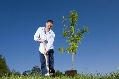 Junger Mann pflanzt einen kleinen Baum - CLF00608