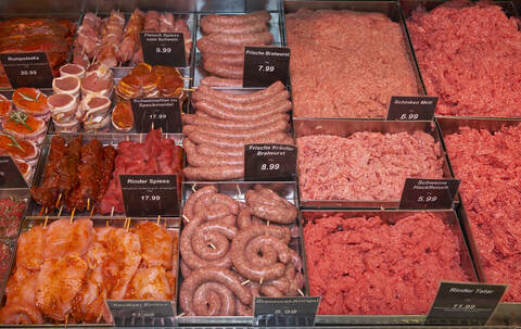 Meat in display in supermarket stock photo