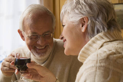 Senior couple holding wine glasses stock photo