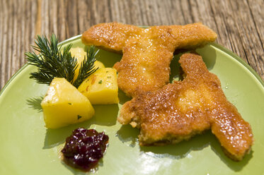 Gebackene Steinpilze mit Kartoffeln und Kräutern auf einem Teller, Ansicht von oben - HHF02719