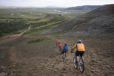 Island, Männer beim Mountainbiking bergab, Rückansicht - FFF00954