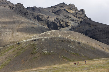 Island, Männer beim Mountainbiking in hügeliger Landschaft - FF00976