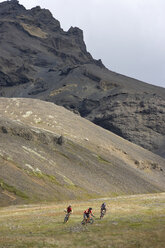 Island, Männer beim Mountainbiking in hügeliger Landschaft - FF00975