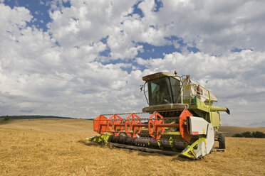 Italien, Toskana, Erntemaschine auf Maisfeld - FOF01244