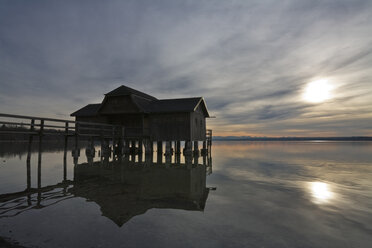 Germany, Bavaria, Inning, Lake Ammersee, Boathouse, Sunset light - FOF01344