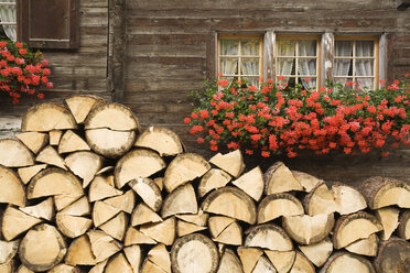Switzerland, Stack of logs in front of block house - GWF00938
