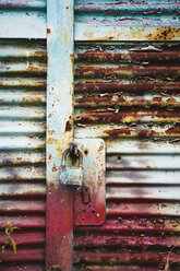 Metal entrance door with rusty padlock - WWF00442