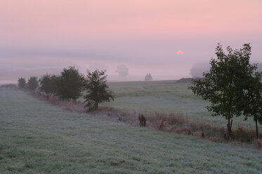 Deutschland, Bayern, Nebel über Landschaft und Sonnenaufgang - RUEF00119