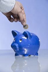 Person putting Euro coin into piggy bank - CLF00698