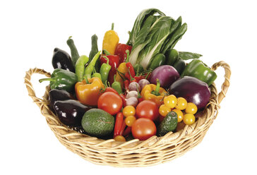 Variety of vegetables in basket, elevated view - 00504LR-U