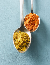 Cayenne pepper and Curry powder on spoons, elevated view - KSWF00392