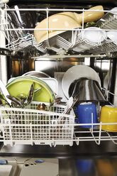 Cleaned dishes in open dishwasher, close-up, - 11122CS-U