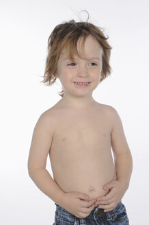 Little boy (2-3) with bare chest, smiling, portrait - NHF01112