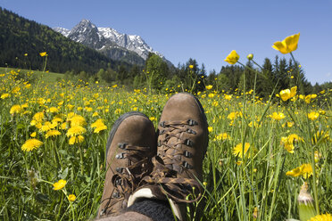 Austria, Tyrol, Kaisergebirge, Hiker relaxing on meadow, close-up - GWF00979