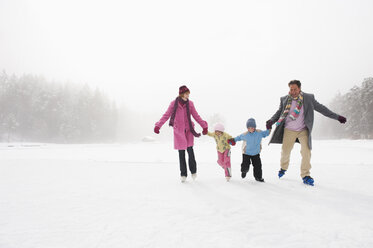 Italy, South Tyrol, Seiseralm, Family holding hands, ice skating - WEST11733