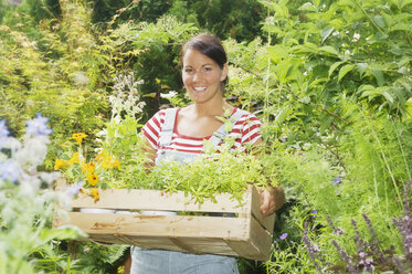 Österreich, Salzburger Land, Frau trägt Holzkiste mit Pflanzen - HHF02865