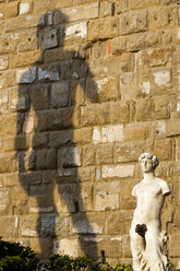 Italy, Tuscany, Florence, Palazzo Vecchio, Statue of David in front of wall - PSF00292
