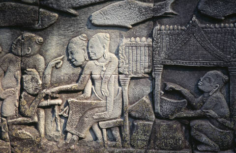 Cambodia, Siem Reap, Bayon Temple, relief carvings stock photo