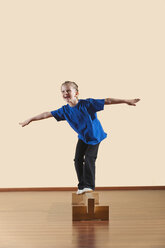 Girl (6-7) balancing on wooden beam - WESTF12579