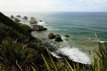 Neuseeland, felsige Küste, Wellen schlagen an die Küste - AC00038