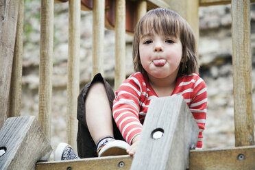 Germany, Berlin, Boy (3-4) on jungle gym sticking out tongue, portrait - WESTF13561