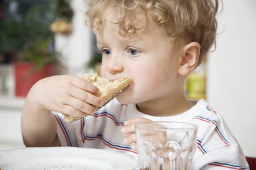 Germany, Berlin, boy (3-4) eating bread roll, portrait - WESTF13552