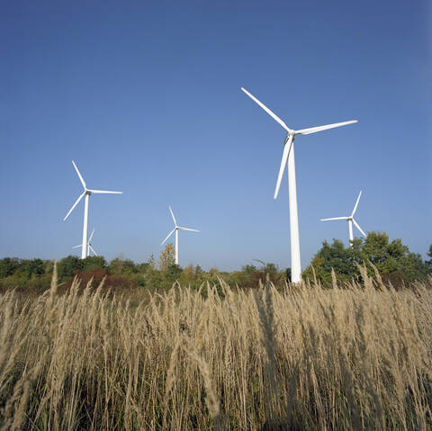 Deutschland, Rüdersdorf bei Berlin, Windräder im Feld, lizenzfreies Stockfoto