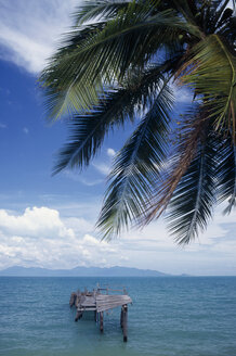 Asia, Thailand, Koh Samui, Ocean view with boardwalk, palm leaf in foreground - PSF00362