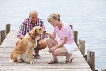 Deutschland, Bayern, Starnberger See, Seniorenpaar mit Golden Retriever auf Steg - MAEF01907