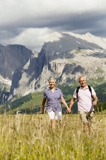 Italy, Seiseralm, Senior couple hiking hand in hand - WESTF13411