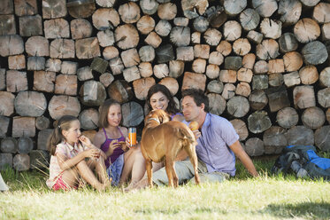 Italien, Südtirol, Familie beim Picknick vor einem Holzstapel - WESTF13692