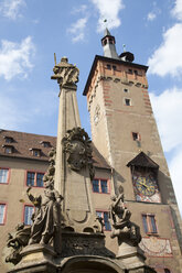 Germany, Bavaria, Franconia, Würzburg, Fountain in front of old townhall, low angle view - WDF00584