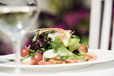 Italy, South Tyrol, Mixed salad on plate with a glass of white wine - WESTF13782