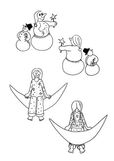 Illustration, Snowman and Snow woman and girl sitting on moon - KTF00030