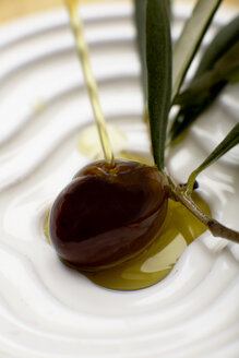 Olivenöl über eine Olive gegossen, Ansicht von oben, Nahaufnahme - SCF00372