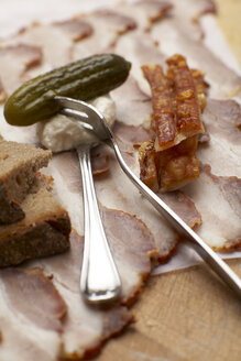 Schweinebraten mit Bauernbrot, Kruste und Gewürzgurke, Blick von oben - SCF00364