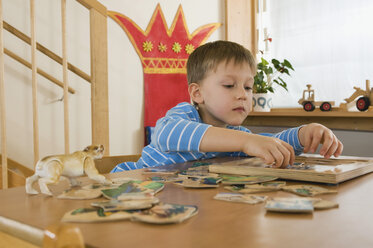 Deutschland, Junge (4-5) im Kinderzimmer beim Puzzeln, Porträt - RNF00209