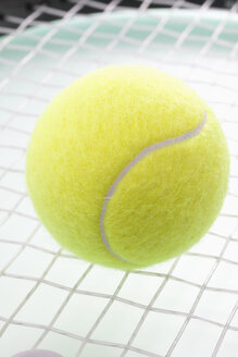 Tennisball auf Schläger, Nahaufnahme - MAEF02144