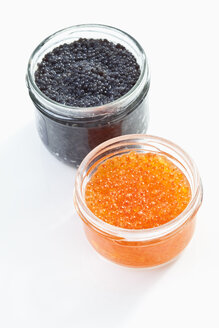 Trout caviar and caviar in glass vessel, elevated view - MAEF02100