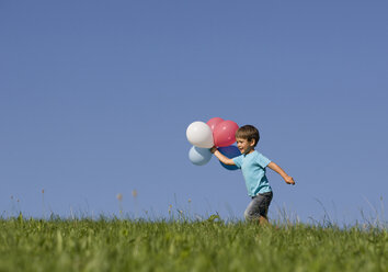 Österreich, Mondsee, Junge (2-3) läuft mit Luftballons durch eine Wiese - WWF01260