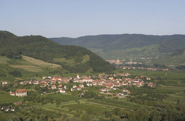 Österreich, Wachau, Rossatz, Arnsdorf, Blick auf Weinberg mit Dorf in ländlicher Umgebung - WWF01208